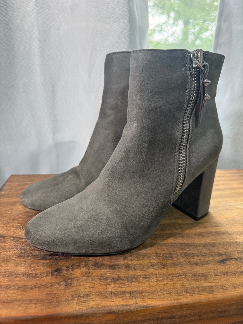 Nine West Gray Faux Suede Block Heel Ankle Boots with Side Zip